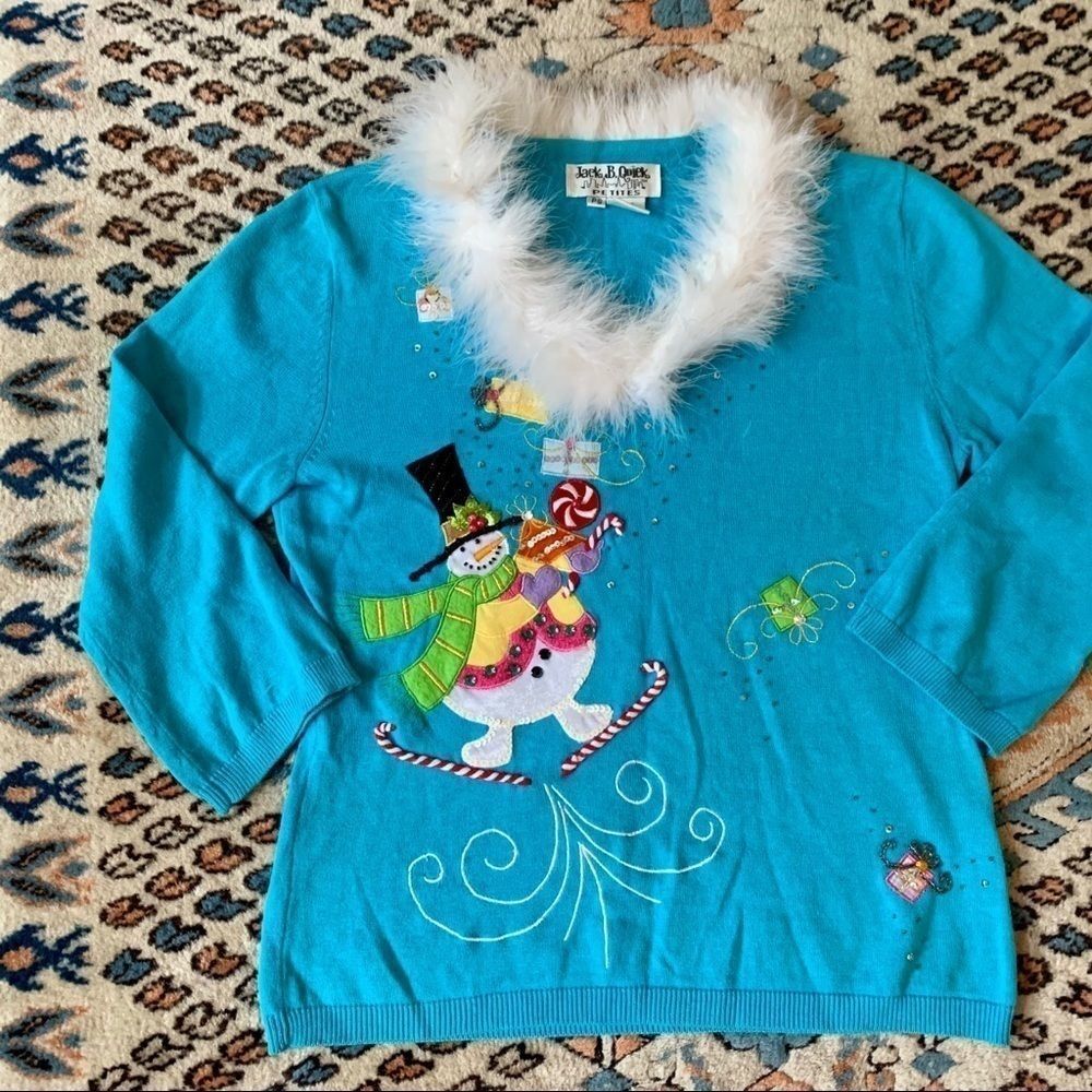 Vintage 90s Christmas V Neck Sweater Faux Fur Collar Sweater